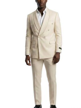 Tan Double Breasted Wide Shawl Lapel 2 Piece Skinny Fit Men's Suit